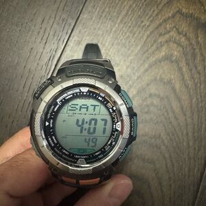 Casio Pro Trek Multifunction Watch with Black and Silver 
Solar atomic.